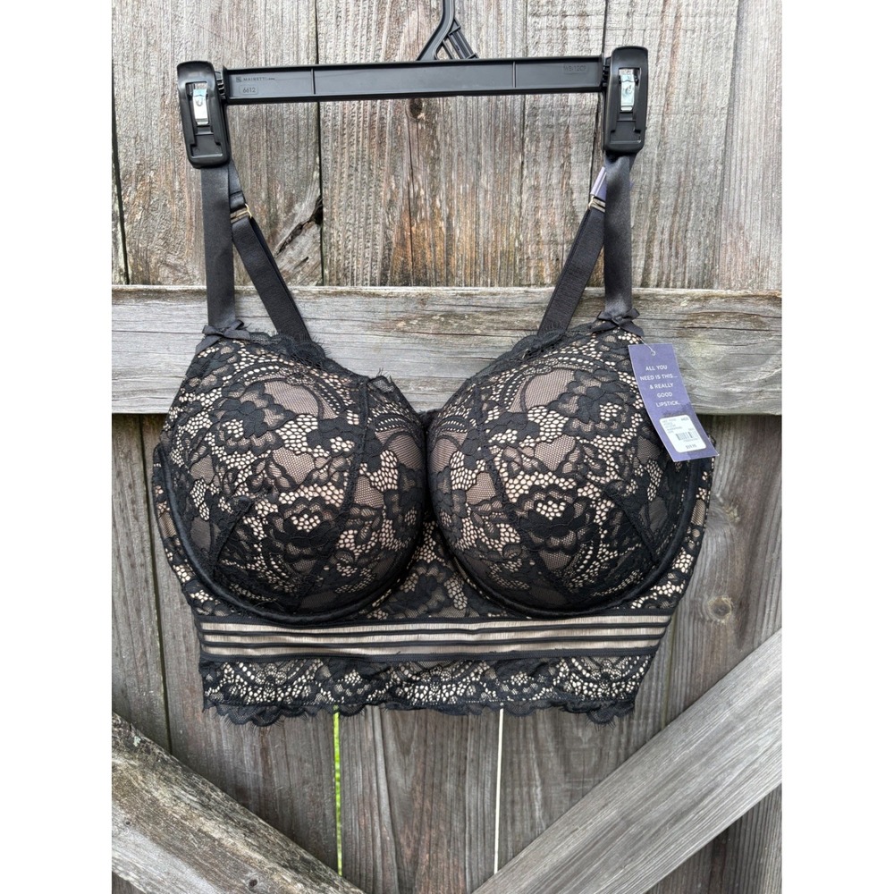 NWT Cacique Boost Balconette Bra 44DD‎ Black Lace Longline Underwire 1112769